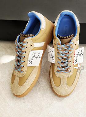 InkingPot彭姐 复古德训鞋女时髦米棕色全真皮平底运动休闲板鞋