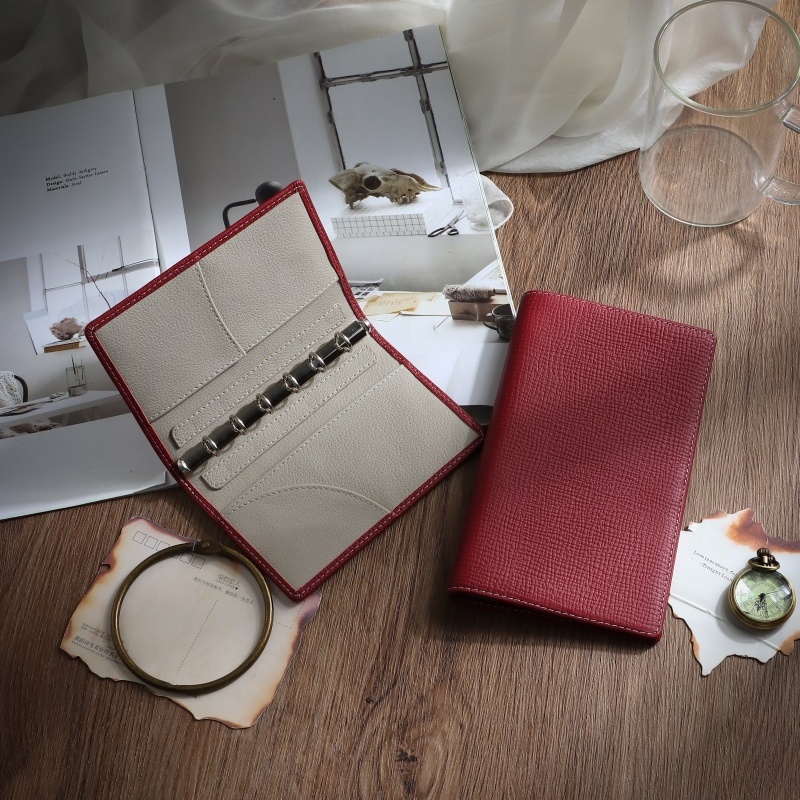 新品头层牛皮A6/A7 铂金红真皮笔记本便携11mm环牛皮活页本记事本