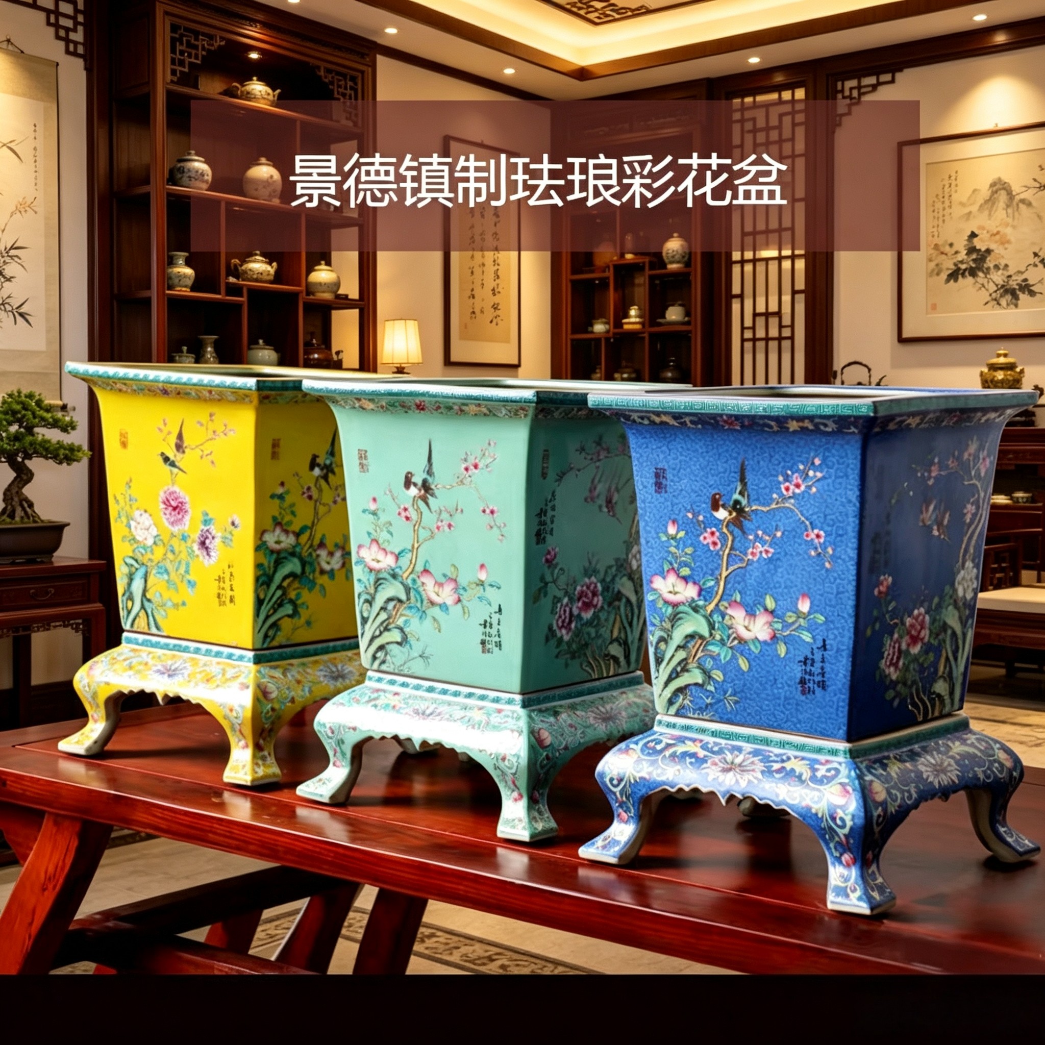 景德镇珐琅彩陶瓷花盆盆栽盆景