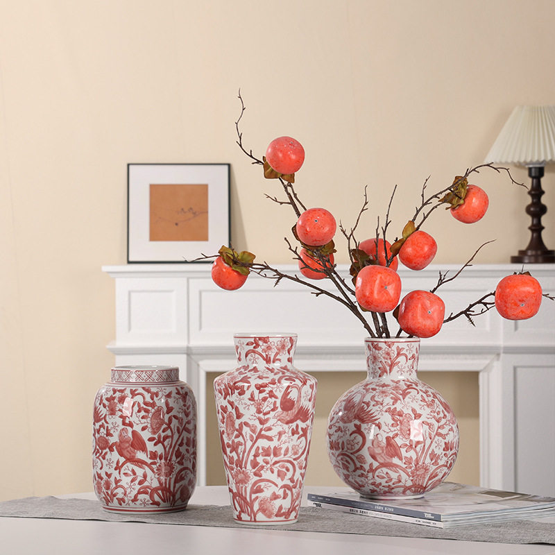 青花瓷红色花瓶陶瓷喜庆花瓶玄关桌面插花储物罐摆件手绘陶瓷花瓶,家居饰品,花瓶,淘宝优惠券,粉丝福利购,淘宝优惠卷