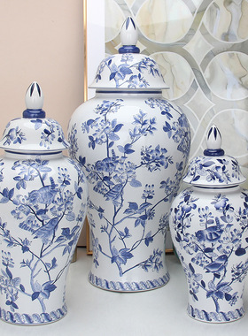 新中式青花风景手绘将军罐景德镇