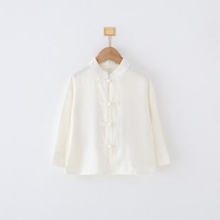 衬衫 男童汉服棉麻立领打底衫 长袖 白衬衣宝宝唐装 表演服 女童短袖