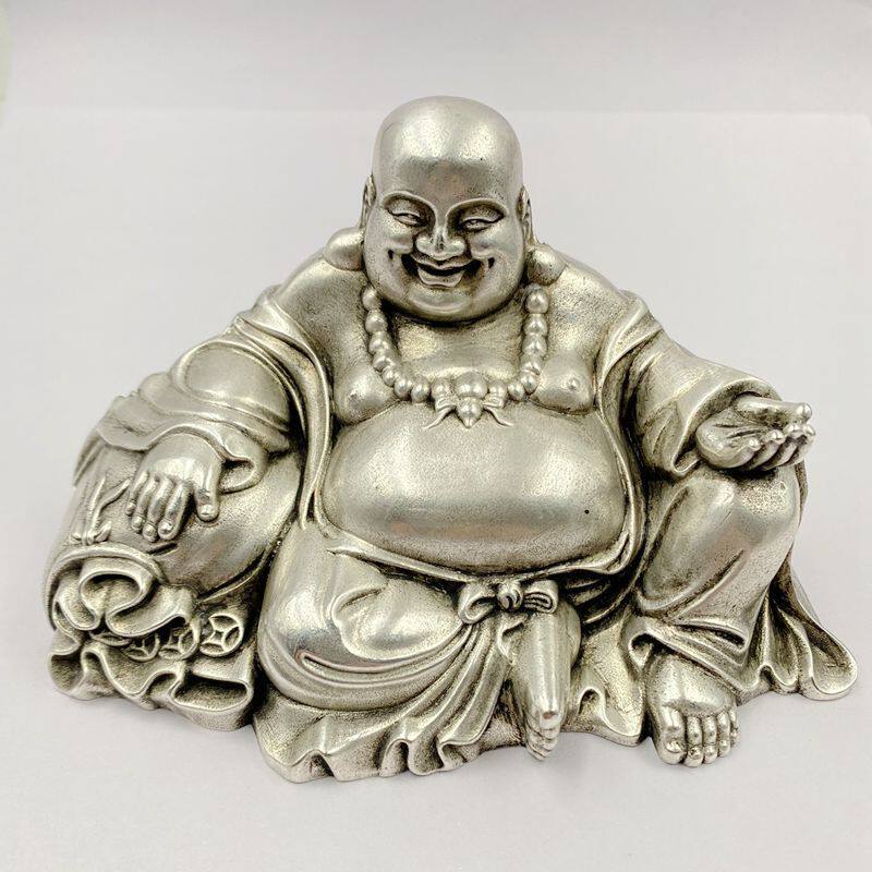 白铜客厅中式银色弥勒佛桌面摆件