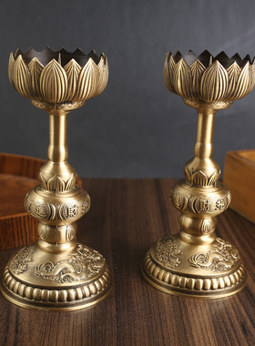 纯黄铜家用龙凤烛台底座桌面摆件