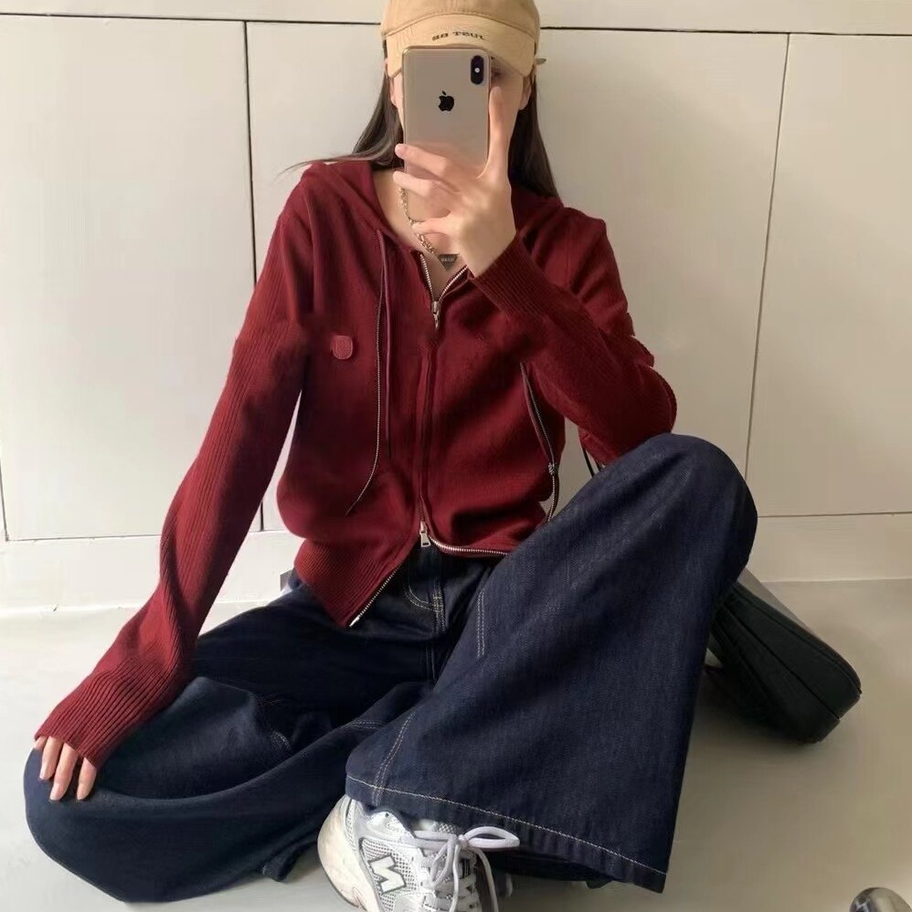 双线2025秋季新款针织衫连帽显瘦刺绣设计毛衣女双彩绳连帽拉链衫