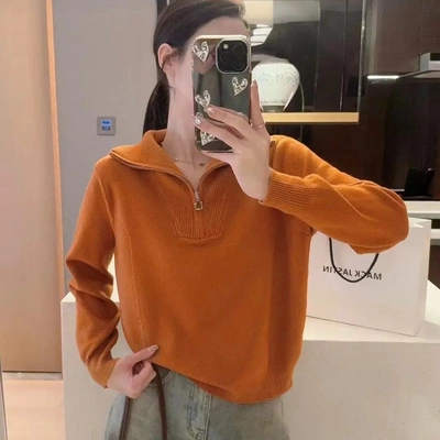 半拉链翻领套头毛衣女立领针织