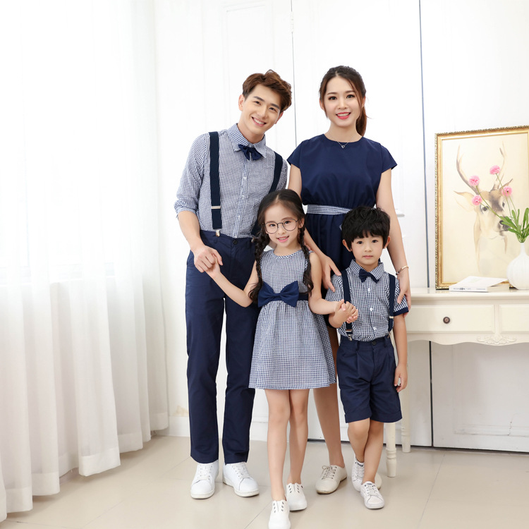 亲子装礼服夏装格子衬衫背带裤母女装连衣裙洋气时尚宝宝婴儿短袖