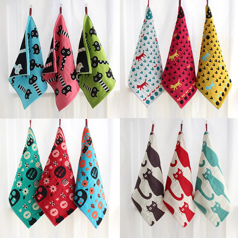 5条包邮纯棉纱布儿童小学幼儿园方巾小毛巾擦手巾童巾带挂绳猫咪