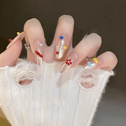 纯手工穿戴甲爆款彩色波点荧光感可爱美甲贴片可拆卸假指甲