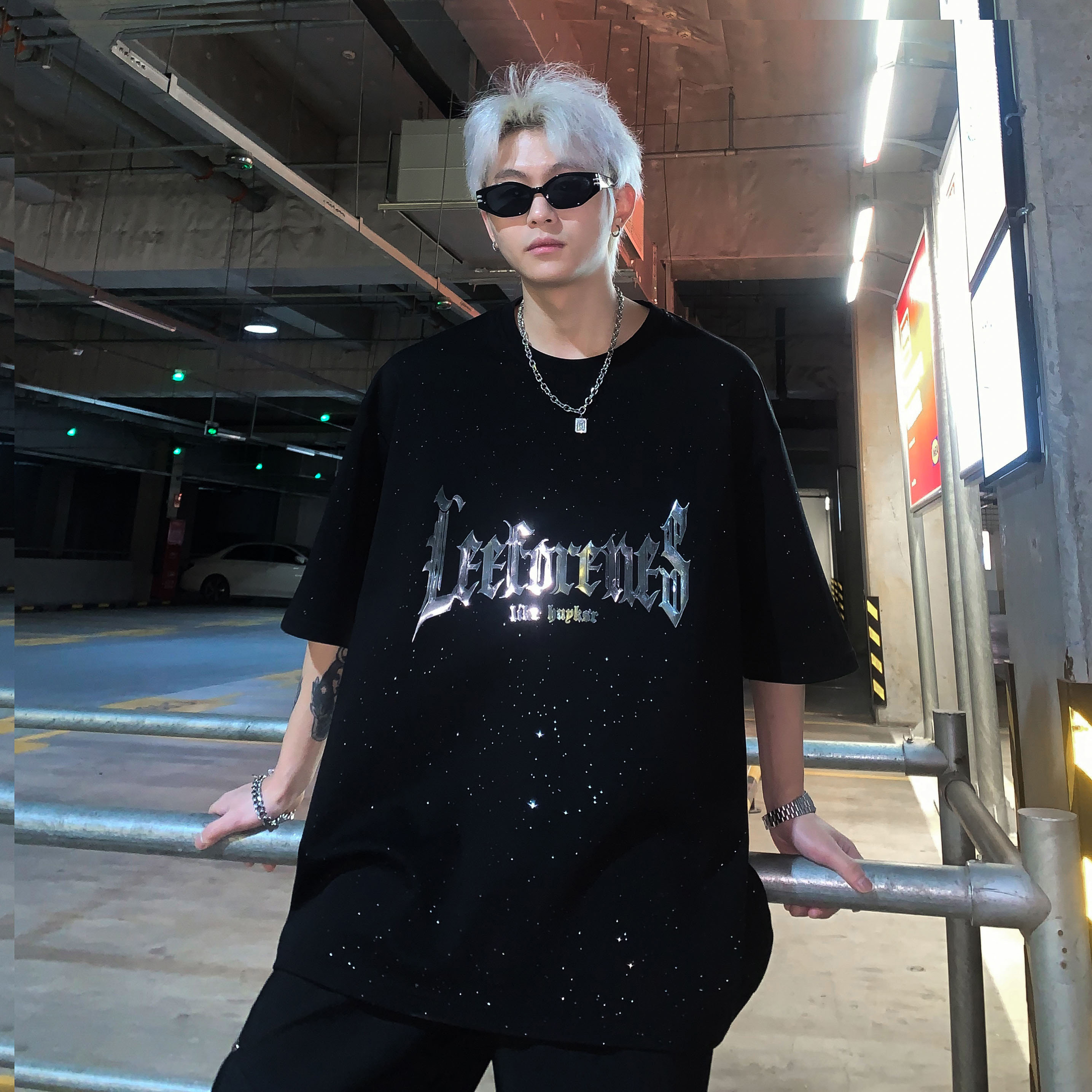 美式街潮重工满天星复古反光短袖T恤男女同款宽松休闲圆领特p28,男装T恤,电商C307