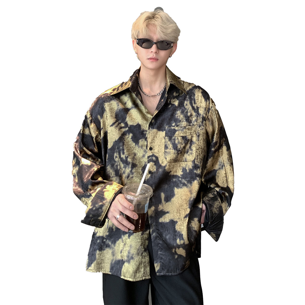 【现货]CS57-P58黑黄双重染色长袖衬衫春夏季新款宽松开衫情侣,男装衬衫,电商C307