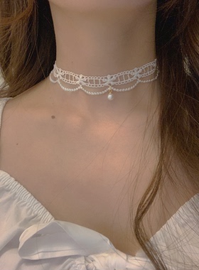 白色蕾丝珍珠颈链法式甜美choker气质项圈颈带超仙ins镂空项链女