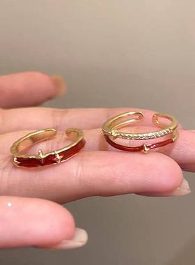 复古红色滴釉素圈戒指女款