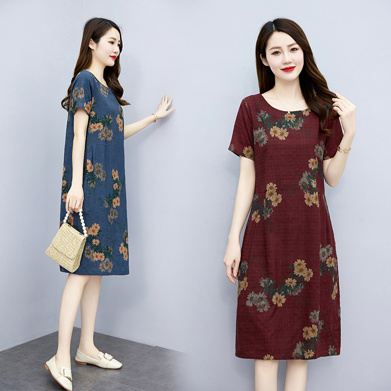 时尚印花棉麻连衣裙女2025夏季新款气质妈妈遮肚显瘦洋气减龄裙子