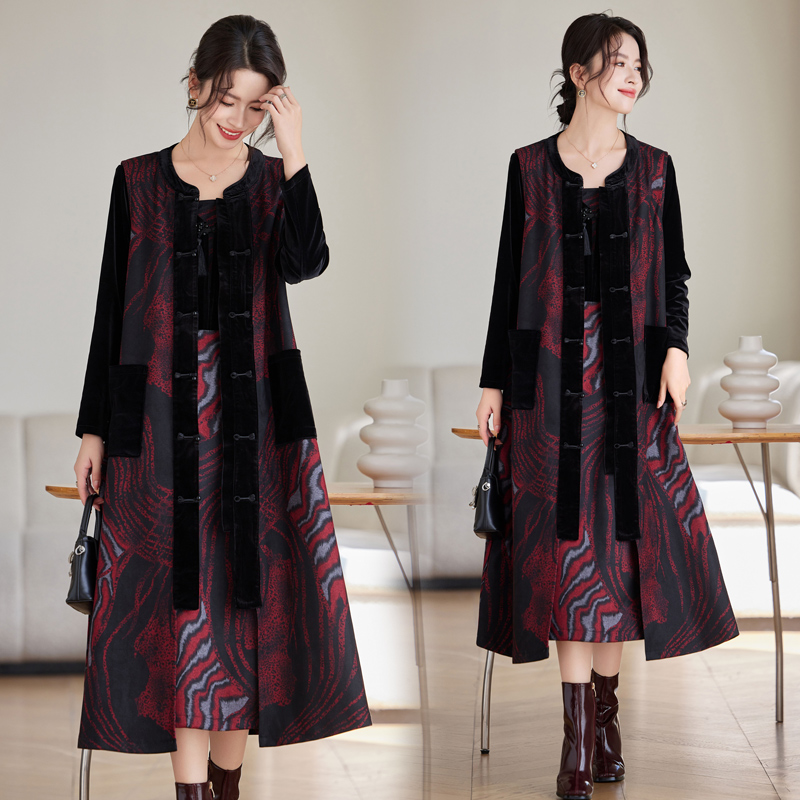 贵夫人妈妈套装秋冬季外套中长款高端洋气复古太连衣裙两件套