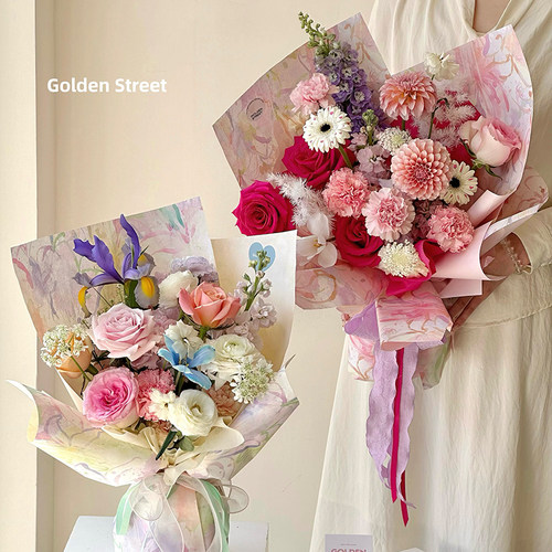 新款浪漫缤纷包装纸油画风复古鲜花包花束牛皮纸花艺diy手工材料