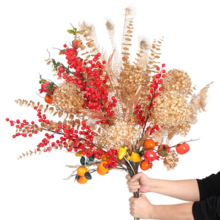 新年年宵花福桶仿真花尤加利金色叶子福桶插花材料花艺摆件冬青