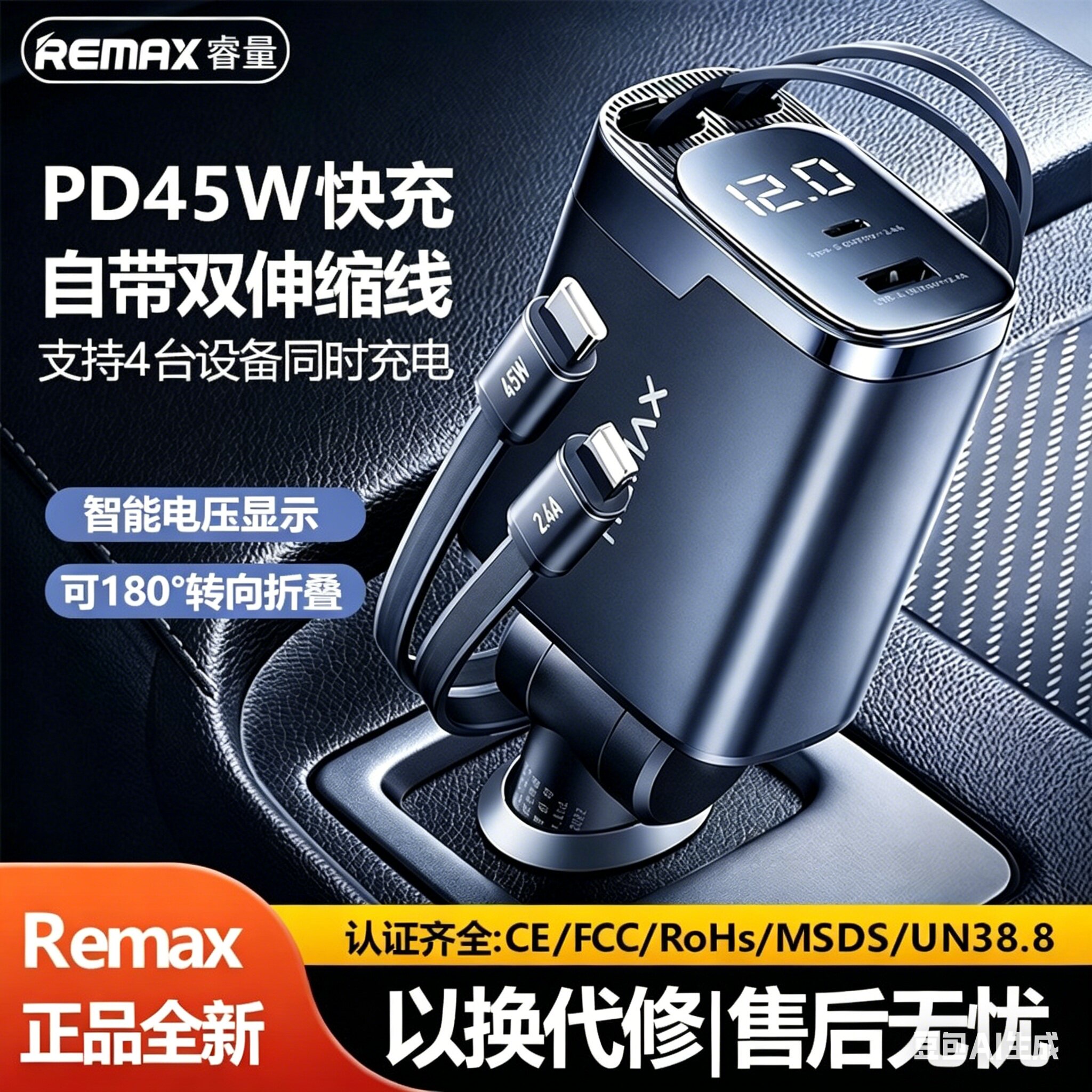 睿量车载充电器45W快充数显