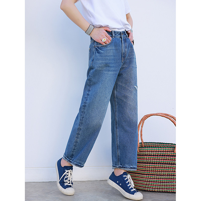 麻霖原创设计2024早春新品纯棉斜纹牛仔布显瘦复古丹宁九分牛仔裤