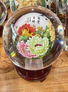 内画水晶球桌面摆件富贵吉祥牡丹图办公家居装饰开业婚庆搬迁升职