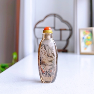 天然茶晶发晶内画鼻烟壶 手绘雪景山水意境踏雪寻梅 男士把玩礼品