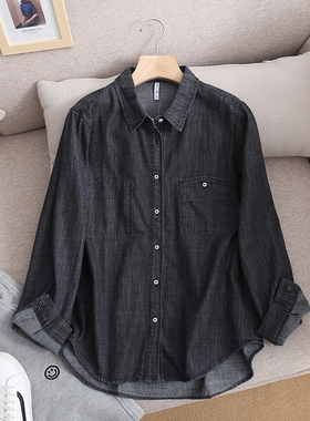 高端好货~黑色牛仔衬衫长袖宽松女韩版外穿潮ins衬衣2023秋冬新款