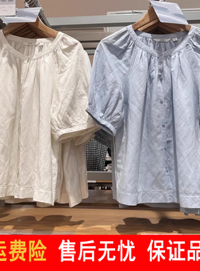 女装麻混纺泡泡袖衬衫短袖衬衣打褶上衣25春夏新款475655薄款