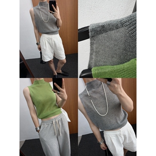 韩代半透立领马海毛混纺羊毛小衫简约百搭无袖针织外穿背心女松驰