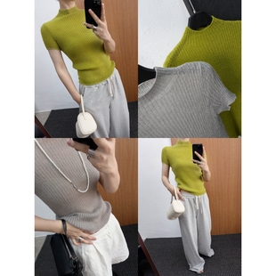 古着复古毛衣短袖修身T半透立领马海毛混纺羊毛小衫女半高领绒感