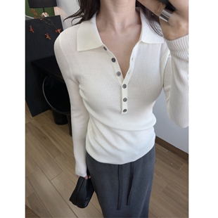 半门襟。修身显瘦polo领针织衫羊毛混纺打底女翻领通勤毛衣单排扣