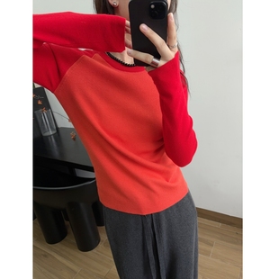 高级撞色橙红设计感圆领针织打底衫插肩袖修身羊毛混纺长袖复古女