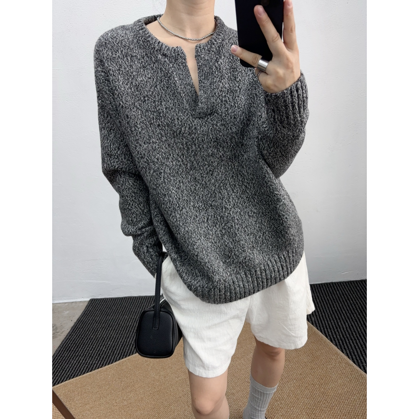 加厚半开领冷淡风慵懒风显瘦上衣秋冬新款羊毛混纺宽松套头简约风