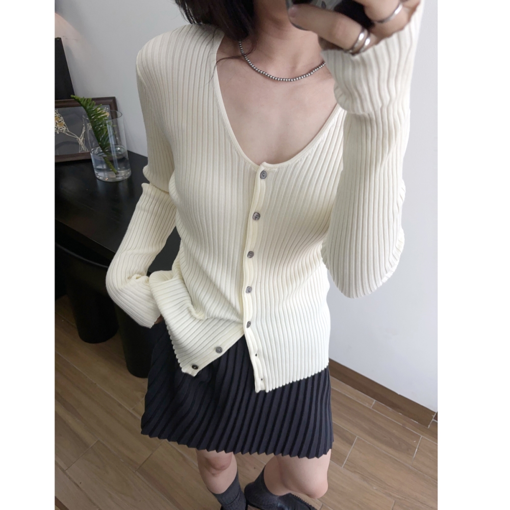 羊毛开衫U领贴身坑条毛织小众