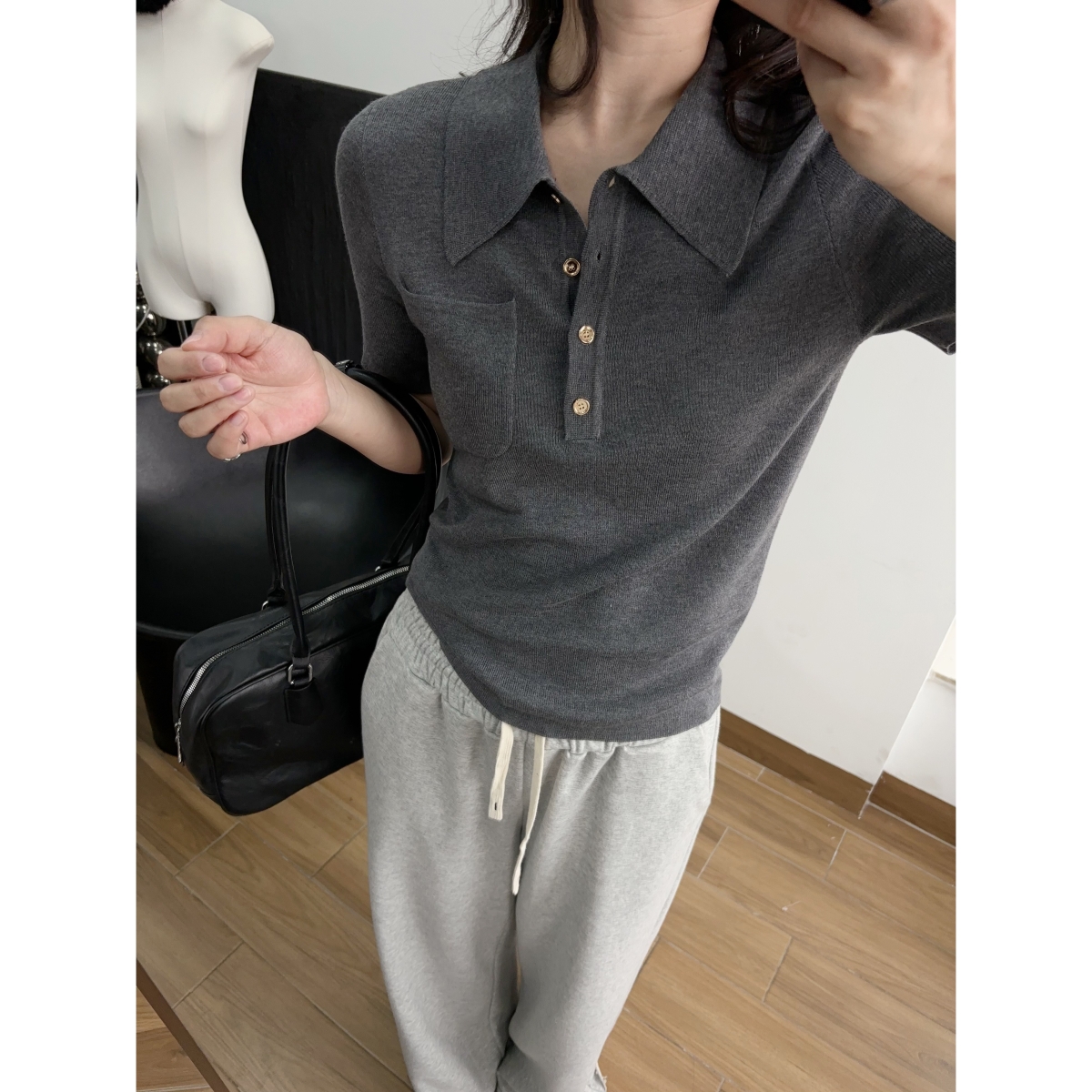 羊毛_法式翻领羊毛polo领针织衫打底毛衣女短袖上衣显瘦春夏m*iu