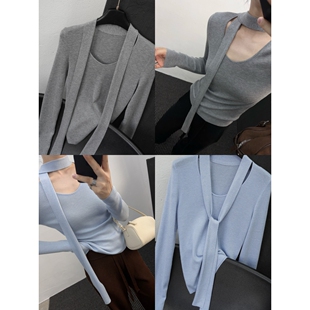 韩国温柔风针织长袖收腰修身上衣飘带U领打底女毛织羊毛混纺显瘦