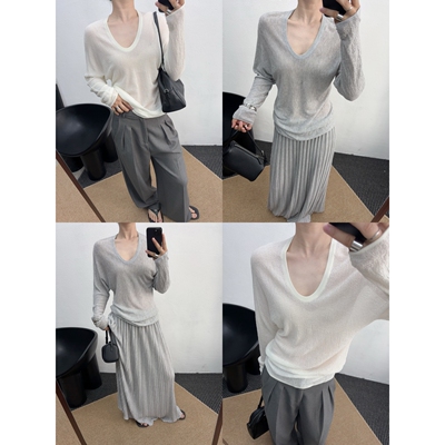 淡人高知穿搭天丝松驰U领高级肌理感针织薄透蝙蝠袖春夏遮肉冰丝