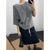 叠穿毛衣宽松针织衫 荃羊毛一字领蝙蝠袖 中袖 显瘦遮肚T恤优雅套头