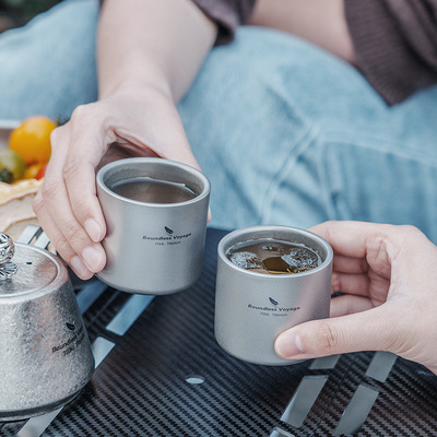 必唯纯钛双层茶杯防烫隔热超轻功夫泡茶杯水杯啤酒杯咖啡杯75ml