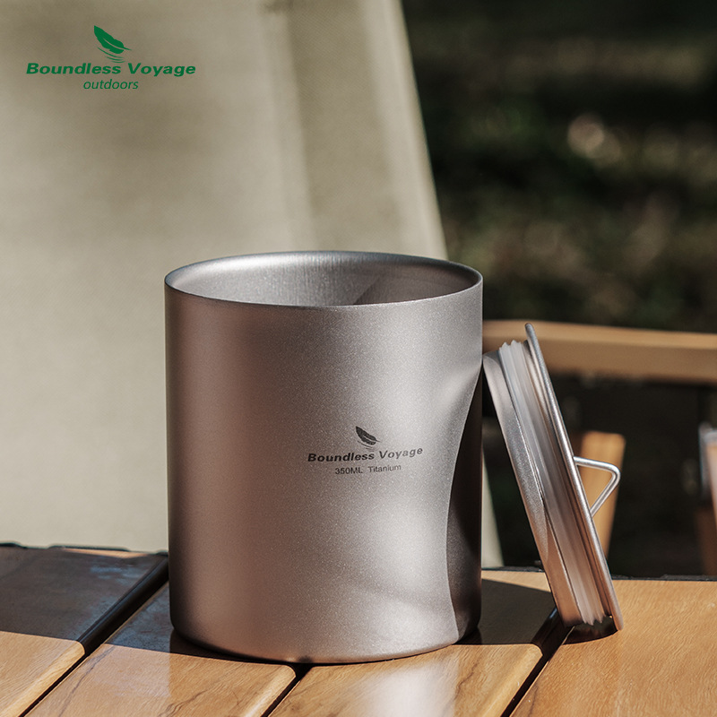 必唯纯钛双层防烫隔热水杯350ml户外马克杯带盖杯子露营茶杯咖啡