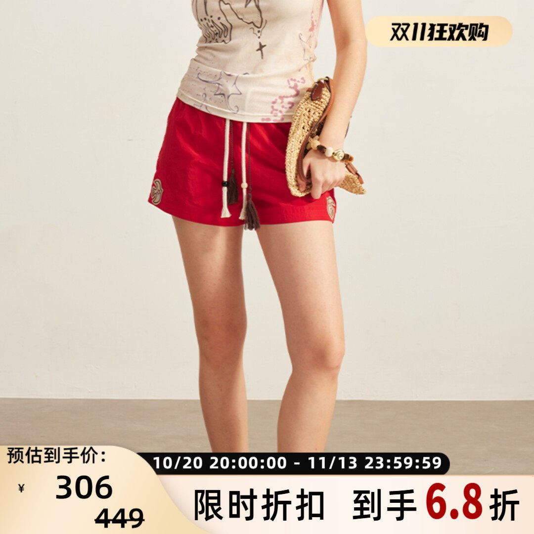 SOFITTE 26春夏新款女士红色贴布绣尼龙抽绳休闲短裤 301355