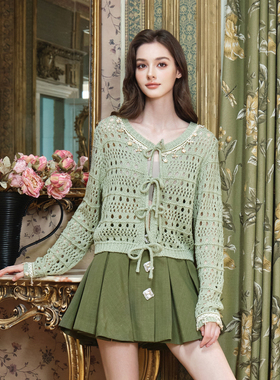 FLONAKED 25新款可拆卸花边领镂空针织开衫上衣银泰百货 300170