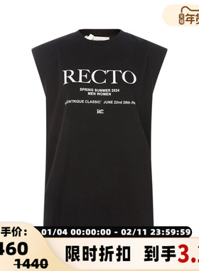 RECTO春季黑色字母印花休闲运动宽松女士圆领无袖上衣背心