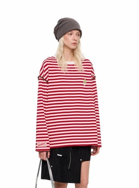 Alexia Sandra 25春夏条纹男女同款撞色贝壳绣落肩长袖T恤301261
