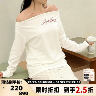 T恤上衣 一字领设计字母刺绣显瘦女士长袖 银泰百货 新款 ODTD春春季