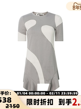 OPEN YY 春季新款灰色不规则裙摆女士短袖圆领连衣裙短裙