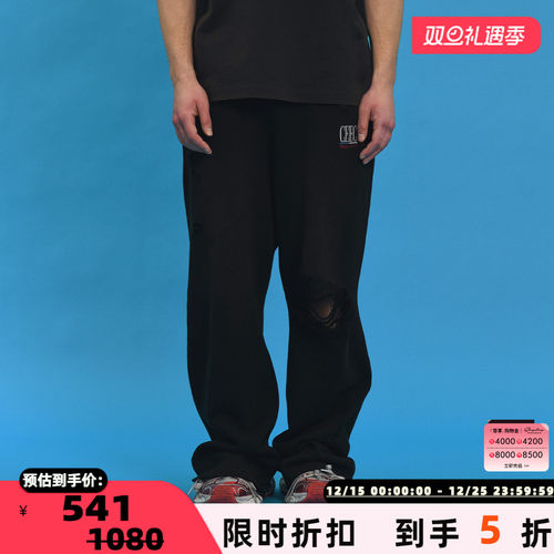 CEEC男女同款刺绣logo破洞裤