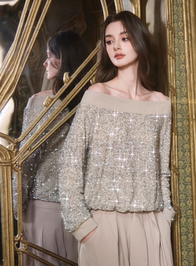 FLONAKED 秋冬新款细闪星河一字肩女士针织衫上衣银泰百货 300170