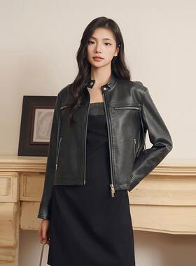 Three Quarters 女士黑色短款仿真皮夹克外套银泰301355