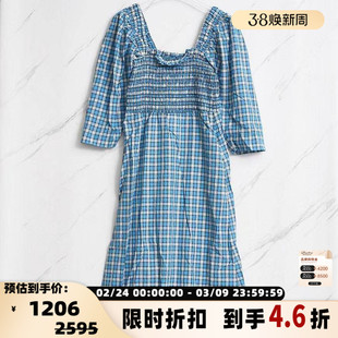 GANNI 春夏日常通勤女士泡泡纱格纹短袖连衣裙 银泰百货301596