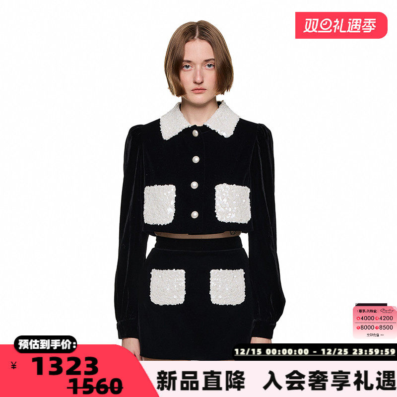 SHRO ENRO 秋冬新款女黑白珠片撞色丝绒外套银泰百货 301469